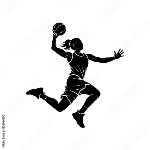 Graceful Fluid Vector Silhouette of a Female Basketball Player's Dunk Athletic Performance
