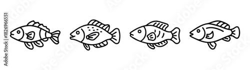 Four cartoon fish swimming in a row drawing vector illustration aquarium pet shop doodle art design