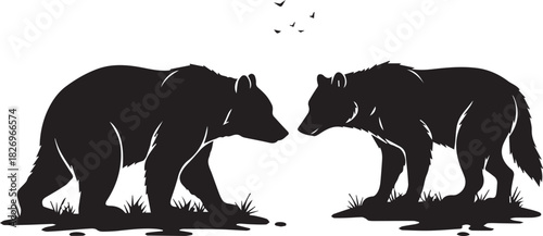 Two powerful brown bears facing each other silhouetted against a wild nature