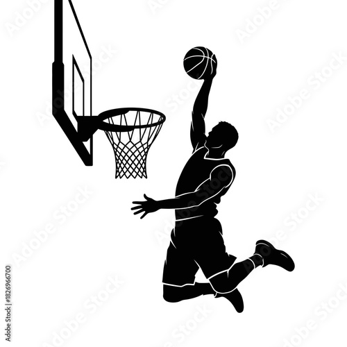 Dynamic Graphic Vector Silhouette of a Male Basketball Player Slam Dunking Action Sport