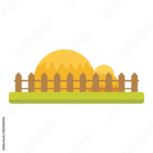 Yellow wooden fence with green grass on a beige Sheaf of wheat ears. Rural crop. Autumn rustic element. Cartoon flat illustration.