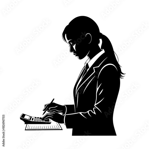 Meticulous Modern Graphic Silhouette of a Female Accountant Meticulously Calculating Finance Job