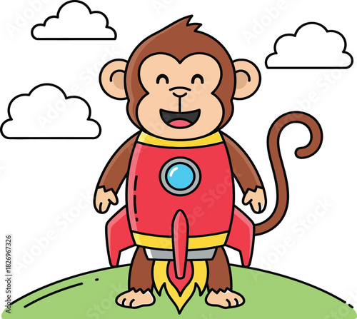 Cute Cartoon Monkey Wearing Red Rocket Jetpack. Happy Animal Character Ready to Fly to Space on Green Hill with Blue Sky and Clouds for Kids Design Vector Illustration.