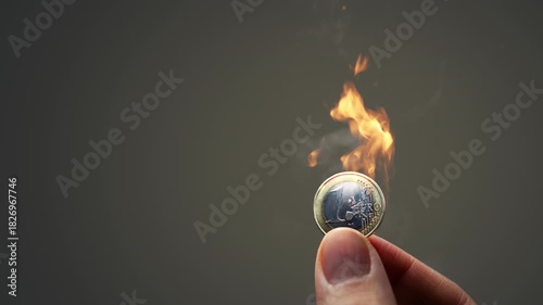 Euro coin on fire held between two fingers