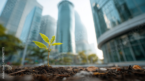 Small plant sprouts from soil in front of modern glass skyscrapers. Eco-friendly corporate initiative. Sustainable growth concept. Leadership strategy for companies. New eco business model. Urban