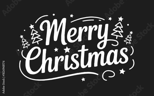 Merry christmas text in white with christmas trees and stars on a black background for holiday greetings