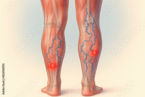 medical illustration of varicose veins on the back of lower legs. Twisted blue veins visible under skin with inflamed red zones. Clean background
