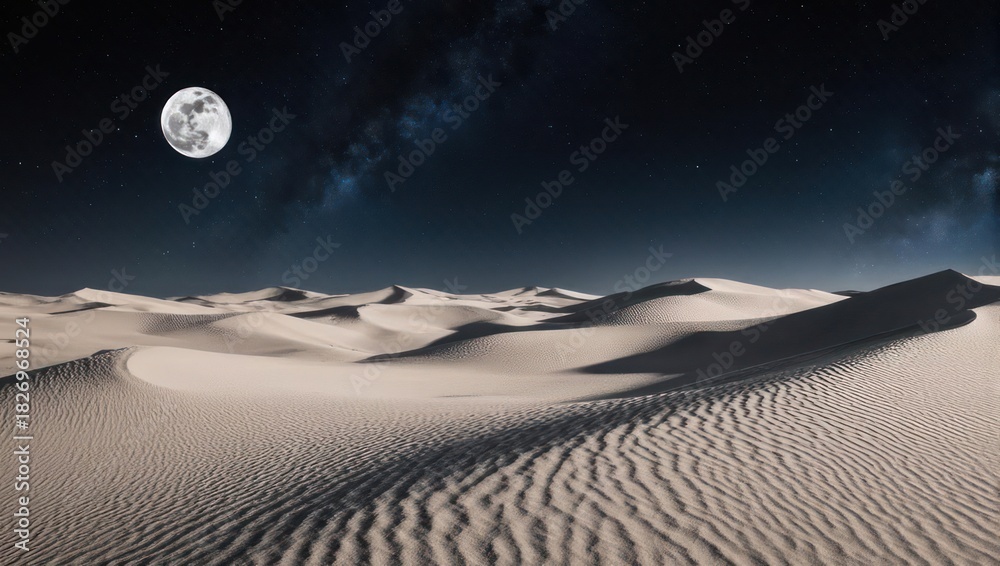 Naklejka premium A full moon casts a glow over sand dunes under a starry night sky