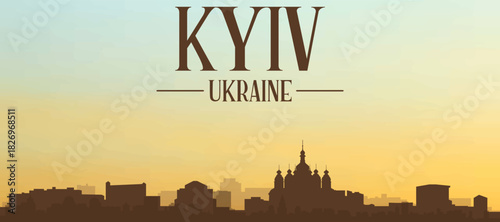 Panoramic poster of the city skyline with misty background buildings, hills sunrise, sunset and clouds of KYIV, UKRAINE