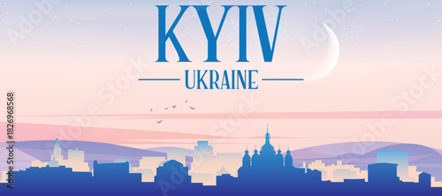 Panoramic poster of the city skyline with misty background buildings, hills sunrise, sunset and clouds of KYIV, UKRAINE