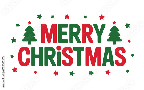 A festive merry christmas graphic with trees and stars in red and green on a white background