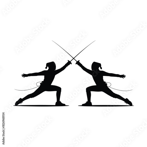 Fencing Duelists Silhouette Vector Art Swords Combat Sport Swordsmen Athletes Competition Fight Arena Swords Crossing Action Thrust Defense Foil Epee