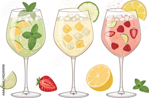Refreshing Summer Drinks in Wine Glasses ? Citrus, Strawberry & Mint Mocktail Illustration.eps