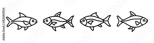 Four fish swimming together in a row, black and white line art drawing of sea life animals illustration