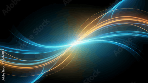 Abstract Glowing Light Trails on Dark Background with Blue and Gold Swirls for Modern Technology Design