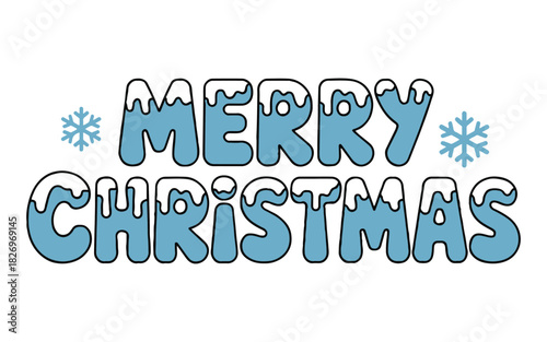 Merry christmas text with snow caps and snowflakes on a white background illustration design