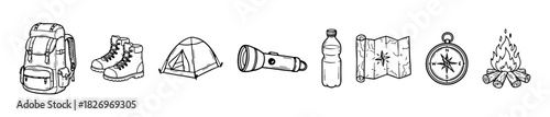 An outdoor gear icon set featuring backpack, boots, tent, flashlight, map, compass, and campfire. Great for hiking or camping visuals.