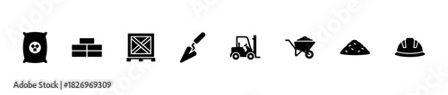 A construction supply icon set with tools, materials, and equipment. Great for building or logistics visuals.
