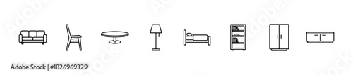 A home furniture icon set featuring sofa, bed, table, lamp, shelf, and cabinet. Great for interior or lifestyle visuals.