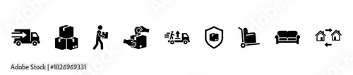 A logistics icon set showing delivery, handling, protection, and relocation. Ideal for transport or service visuals.