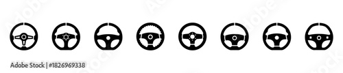 A steering wheel icon set with varied shapes and styles. Great for automotive or mechanical visuals.