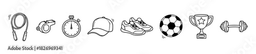 A sports and fitness icon set with gear, accessories, and symbols of activity and achievement.