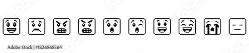 A pixel-style emoticon set showing varied facial expressions. Ideal for retro, digital, or mood-based design.