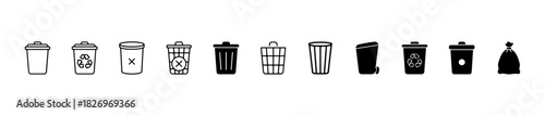 A waste and recycling icon set featuring bins, symbols, and a garbage bag. Ideal for eco or utility design.