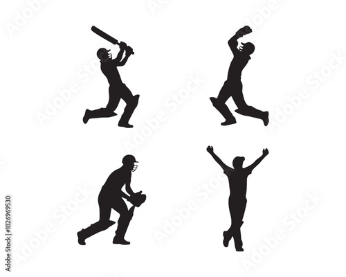 Cricket batsman cover drive, bowler delivery stride, wicketkeeper crouch, and victory celebration Vectior Silhouette illustration design set collection