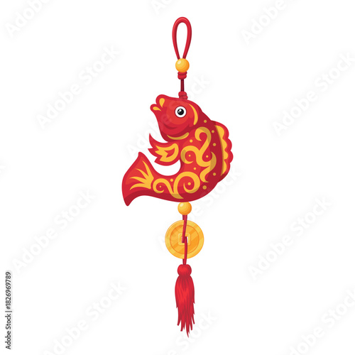 Colorful Chinese hanging talisman featuring a decorative fish with intricate designs for good luck