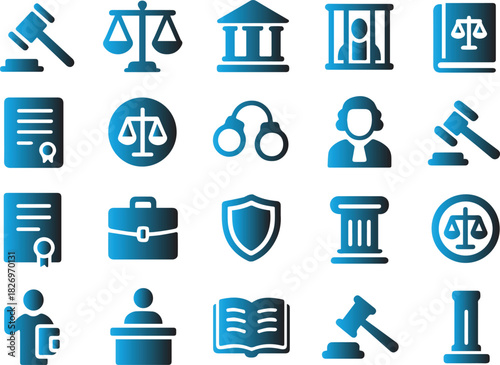 A comprehensive set of blue gradient vector icons representing the legal system, featuring symbols for law, justice, court, and judiciary proceedings. This collection is perfect for legal web design 