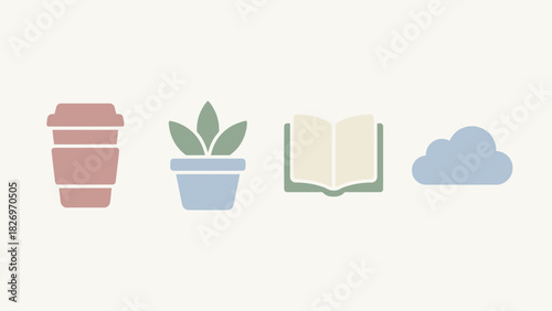 Comforting Minimal Flat Icons Coffee Plant Book Cloud Set