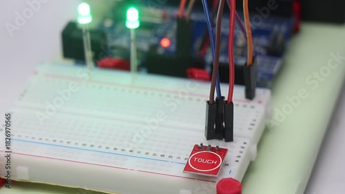 Touch sensor controlling the green led when it is touched the led turns to on and when it is touched again the led turns to off on a breadboard
