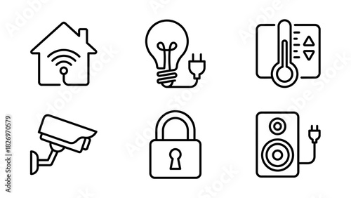 Smart Home Automation Technology Connected Devices Outline Icons Collection