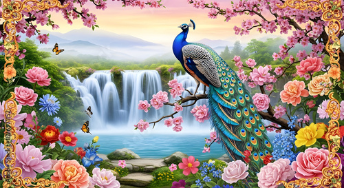 Vibrant Peacock Among Blossoms by Cascading Waterfall — Ornamental Garden Era Art

