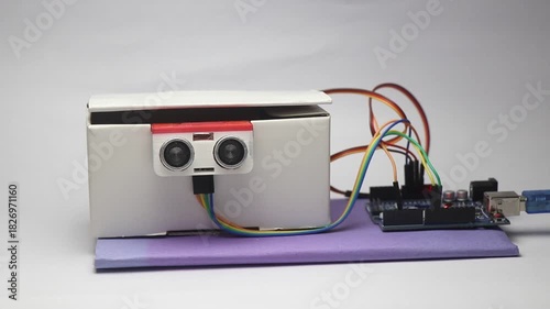 Electronic project that uses ultrasonic sensor controlling micro servo movements that resembles automatic trash can with breadboard circuit