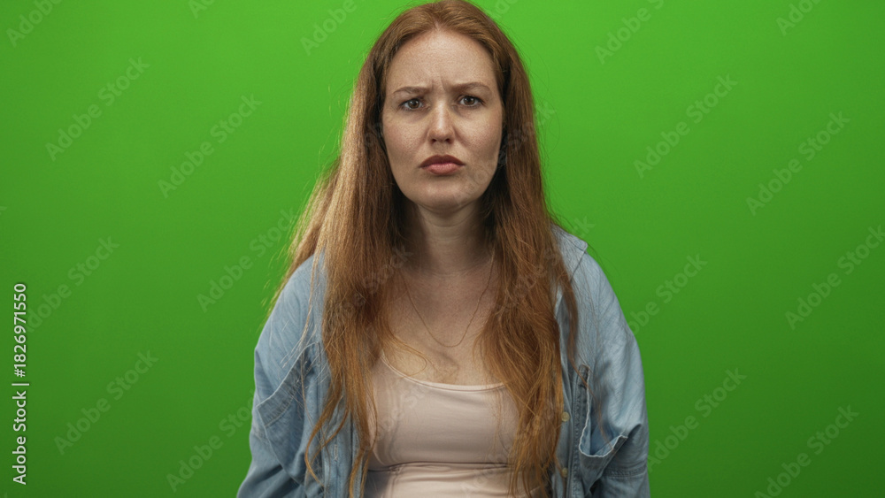 Fototapeta premium Woman makes v sign near her eye in green studio setting with denim shirt and direct stare at camera; determination.