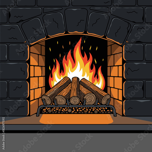 Fireplace with logs burning in a cozy stone hearth  