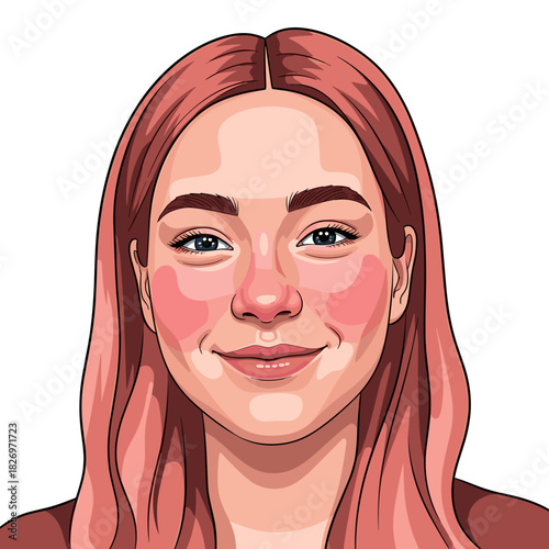Young woman with rosy cheeks smiling in portrait illustration  