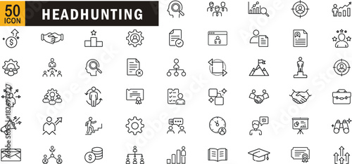 Headhunting editable outline icon set. Recruitment hiring talent selection hr management career growth business success and more
