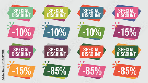 Colorful geometric sale tags and discount percentage labels with jagged edges vector illustration