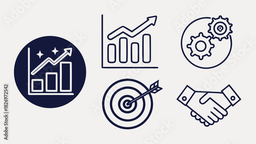 “modern business icons – analytics, growth chart, target, handshake – clean minimal stroke, professional vector set, SVG format”