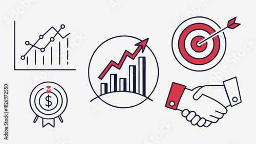“modern business icons – analytics, growth chart, target, handshake – clean minimal stroke, professional vector set, SVG format”