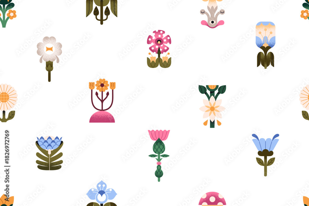 Fototapeta premium Repeatable pattern of abstract flowers with leaves in symmetrical style. Endless background of different wildflowers and blooming meadow plants. Floral decoration. Flat seamless vector illustration.