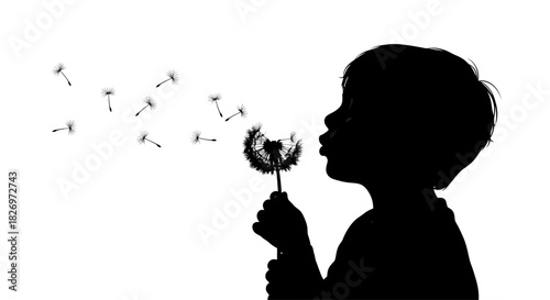Silhouette of a child blowing dandelion seeds into the wind, creating a dreamy and nostalgic scene
