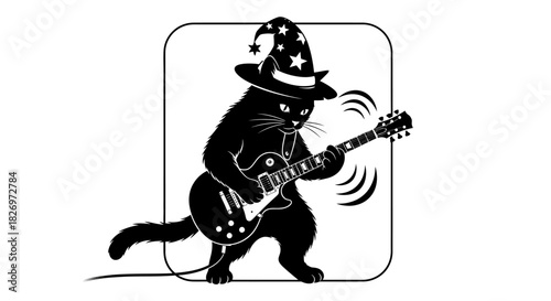Silhouette illustration of a cool black cat wizard playing electric guitar, performing a rock show