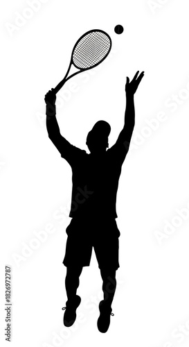 Silhouette of a tennis player serving the ball in a dynamic action pose isolated