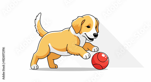 Cartoon illustration of playful puppy chasing a red ball on a white background