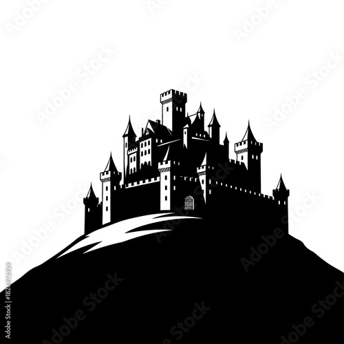 Majestic black and white castle silhouette against a bright background creates a dramatic scene