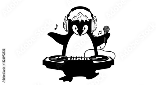 Cartoon illustration of a penguin DJ with headphones and a microphone on white background